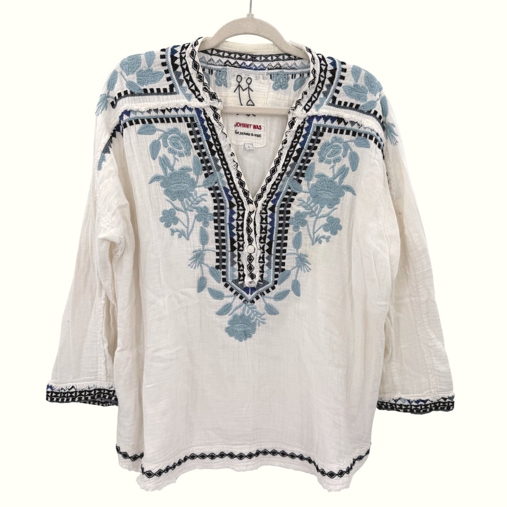 Johnny Was Vedera White Embroidered Cotton Gauze Peasant Blouse P16920-1 Small